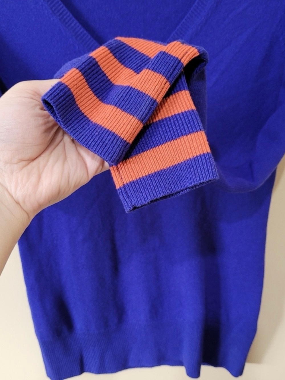 Trina Turk Cobalt V-Neck Sweater with Orange Stripe Cuffs - Picture 4 of 5